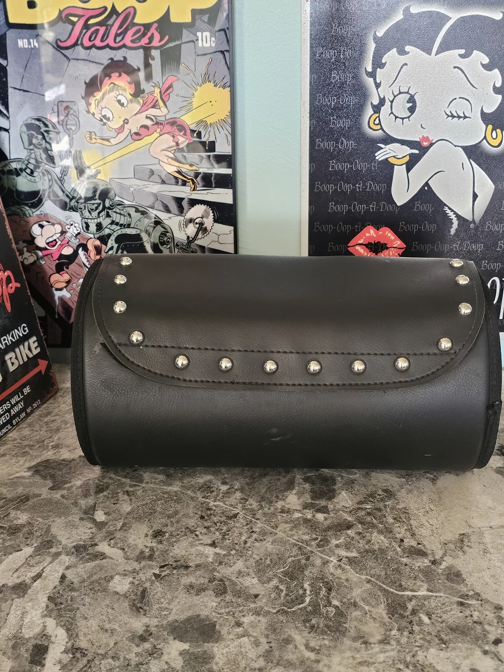 Black Studded Motorcycle Handlebar Tool Bag Barrel Roll Pouch